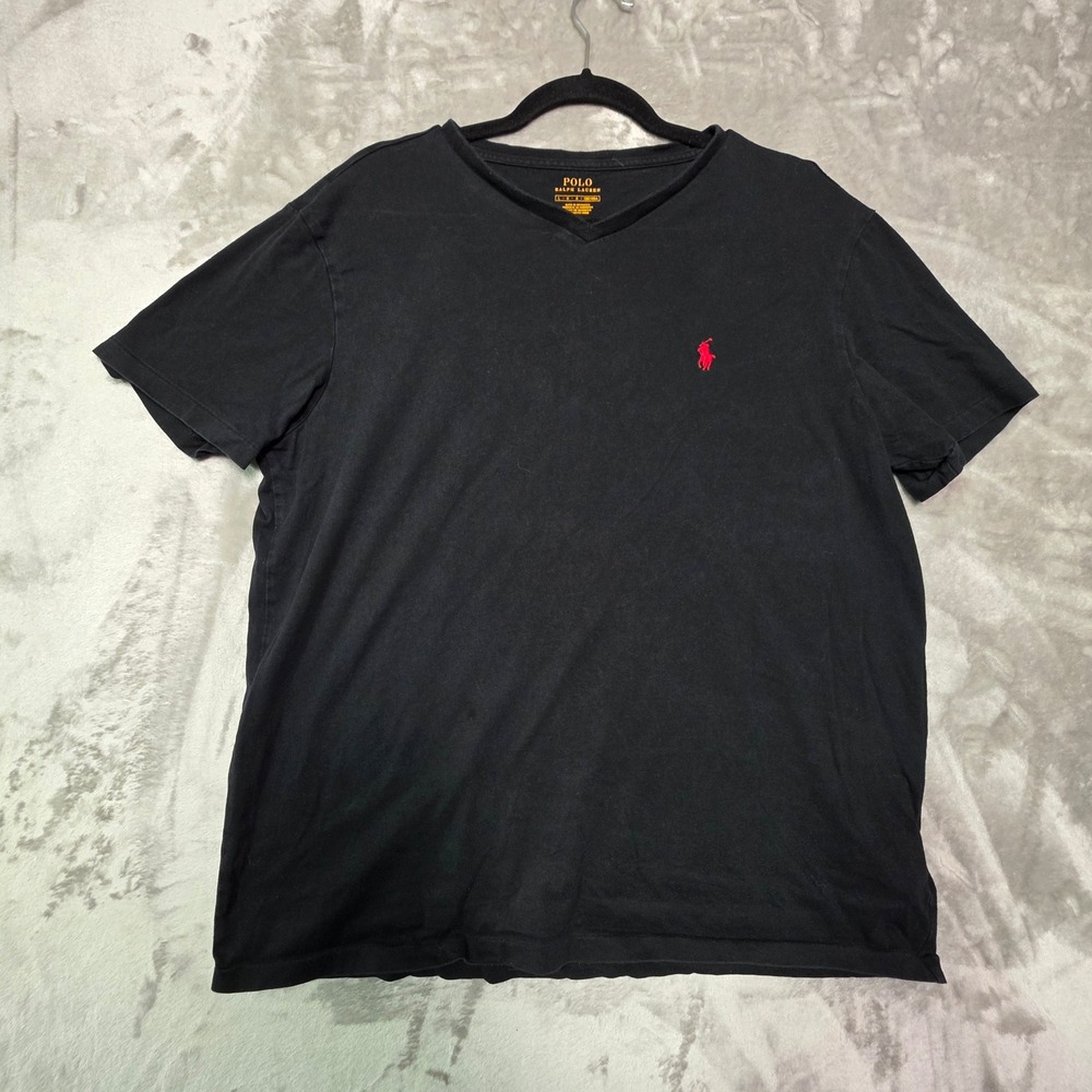 Polo Ralph Lauren Mens Black V-Neck T-Shirt Red Pony Logo Size Large